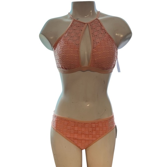 NEW Kenneth Cole Women's Two Piece Bikini Size Small Peach Crochet Keyhole - Picture 1 of 6